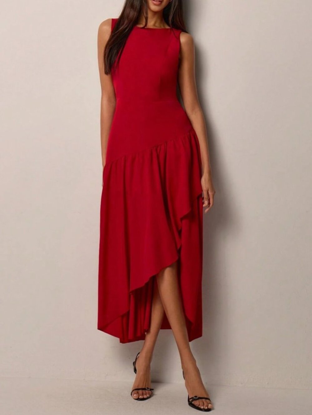 Red Sleeveless Asymmetric Ruffle Hem Midi Dress